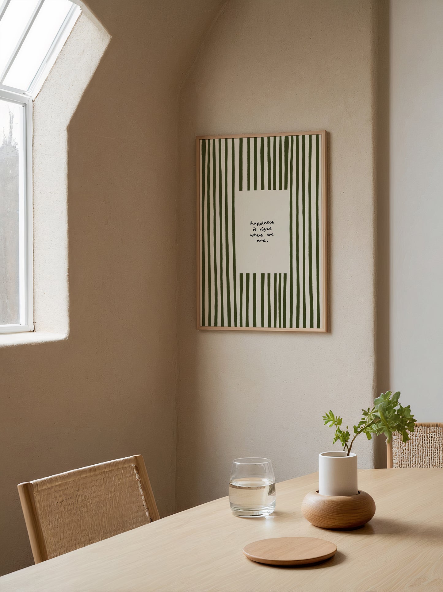 Happiness Is Where We Are | Olive Green Striped Print | UNFRAMED