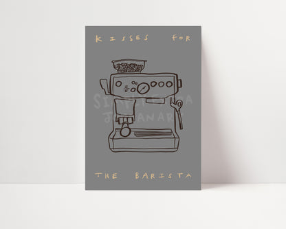 Kisses For Barista | Coffee Print | UNFRAMED