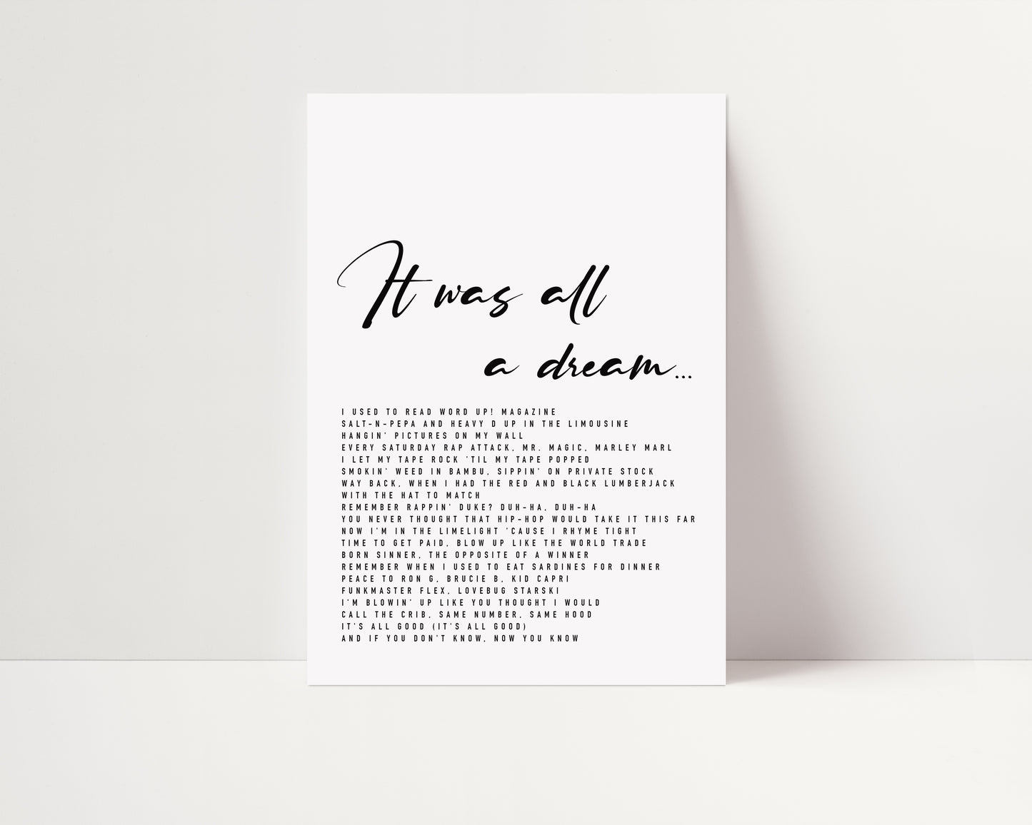 It Was All a Dream Print | Biggie Smalls Lyrics Print | UNFRAMED