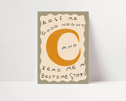 Kiss Me Good Night Bed Time Story Print | Nursery Moon Print | UNFRAMED