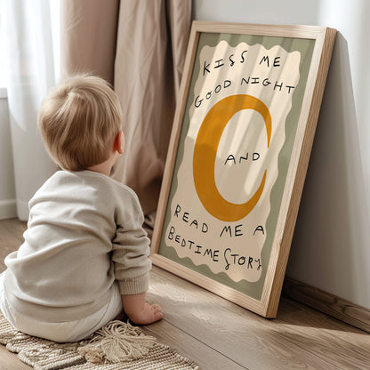 Kiss Me Good Night Bed Time Story Print | Nursery Moon Print | UNFRAMED
