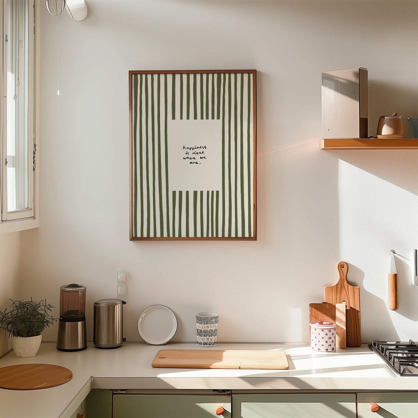 Happiness Is Where We Are | Olive Green Striped Print | UNFRAMED