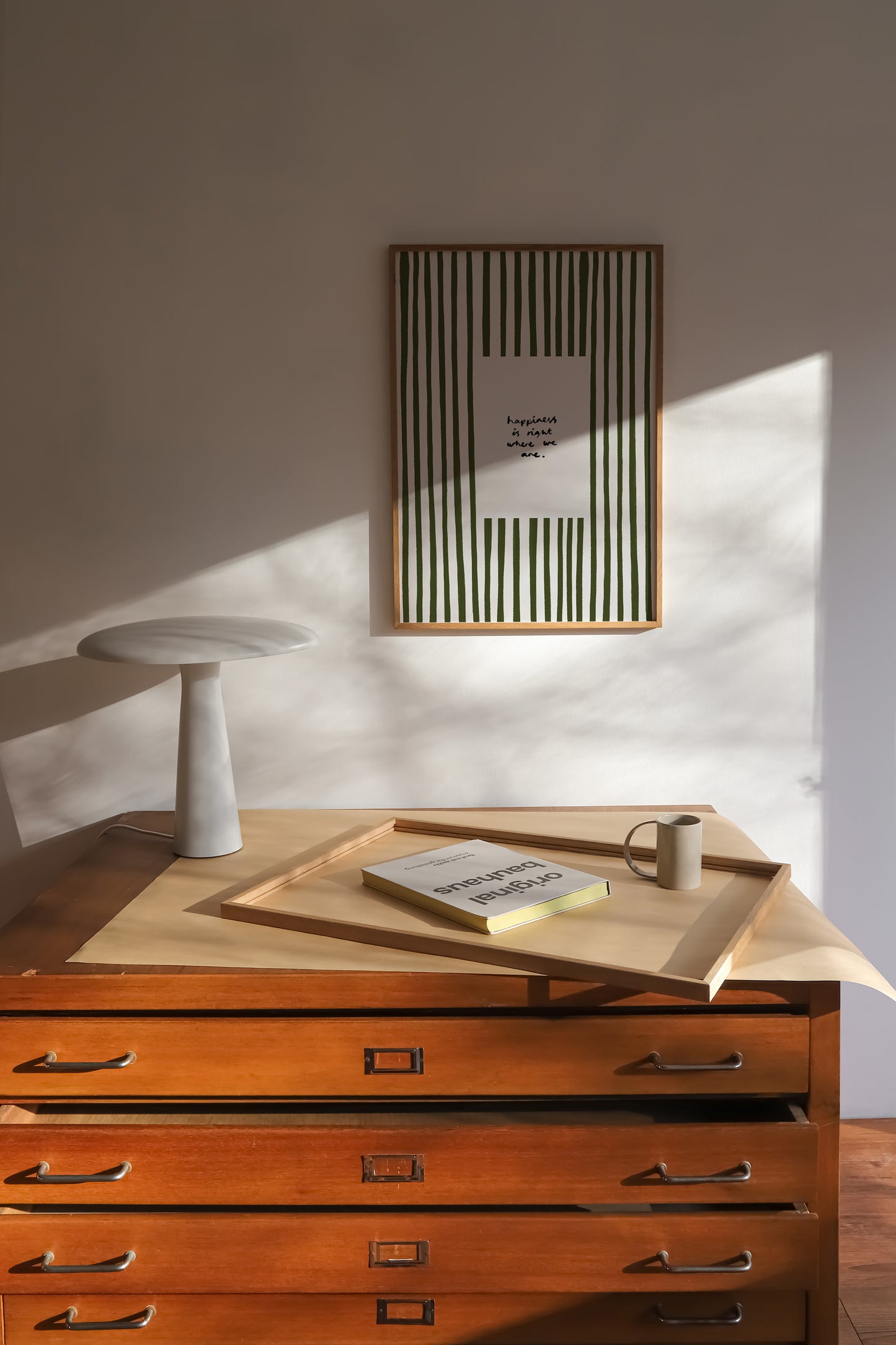 Happiness Is Where We Are | Olive Green Striped Print | UNFRAMED