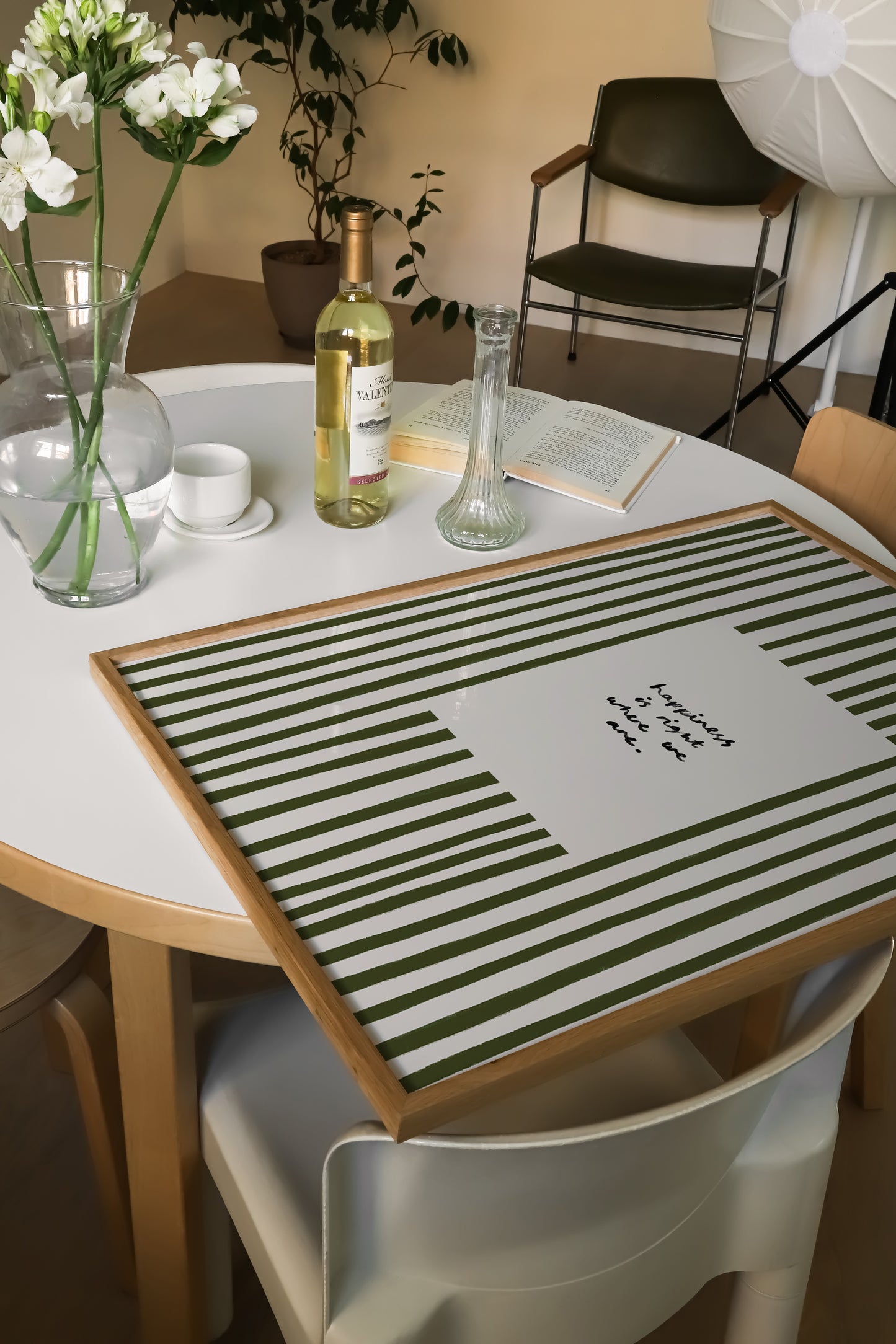 Happiness Is Where We Are | Olive Green Striped Print | UNFRAMED