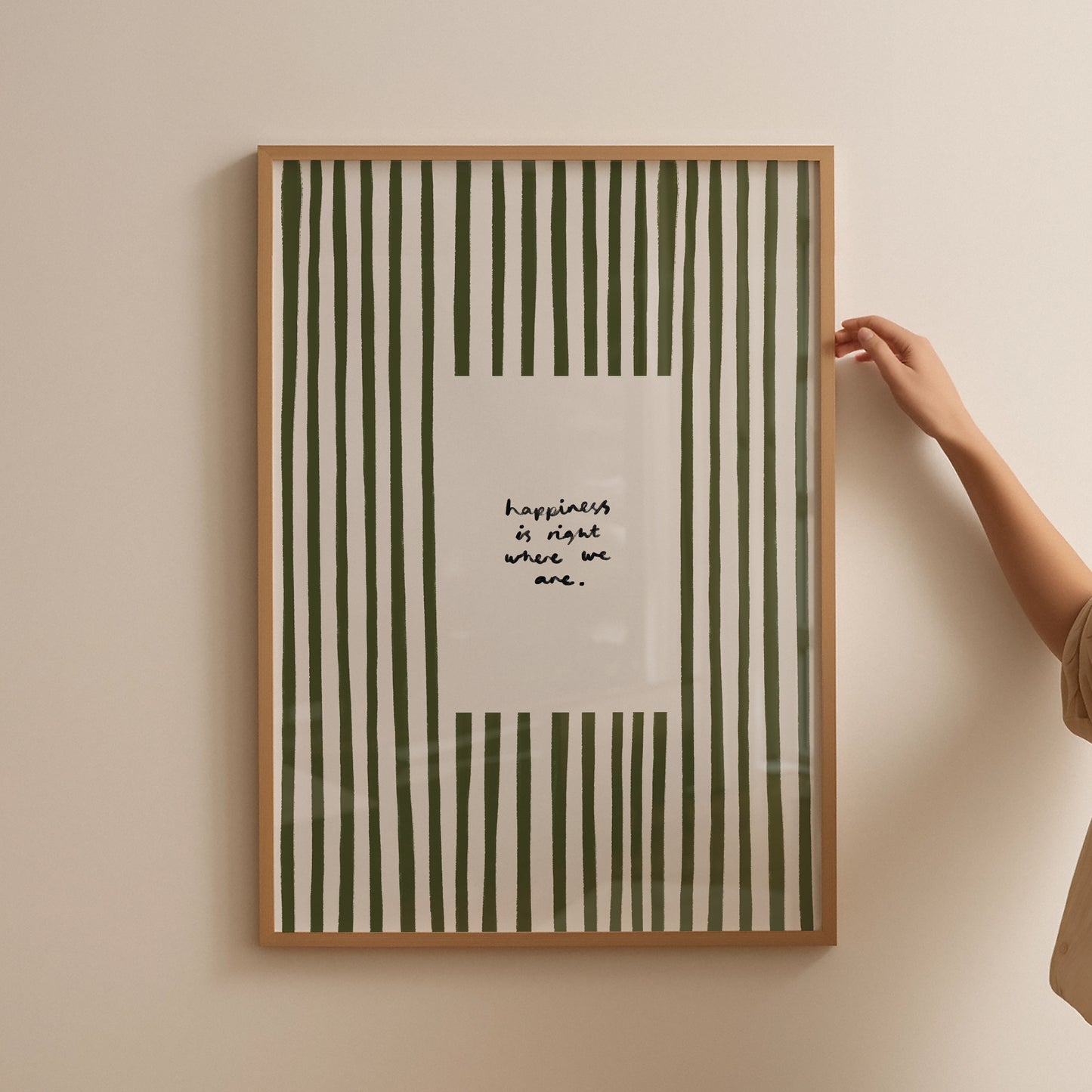 Happiness Is Where We Are | Olive Green Striped Print | UNFRAMED