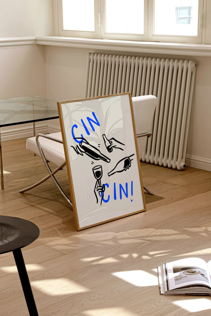 Cheers Cin Cin | Wine Glasses Poster | Blue and Beige | UNFRAMED