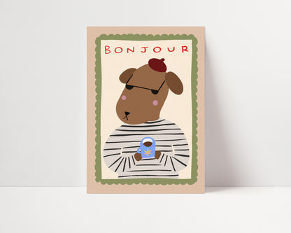 Bonjour Dog | French Coffee Print | UNFRAMED