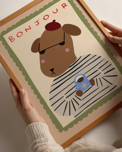 Bonjour Dog | French Coffee Print | UNFRAMED
