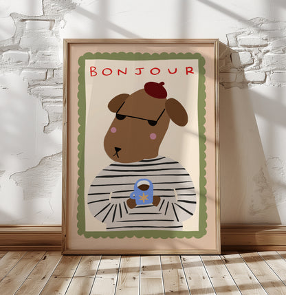Bonjour Dog | French Coffee Print | UNFRAMED