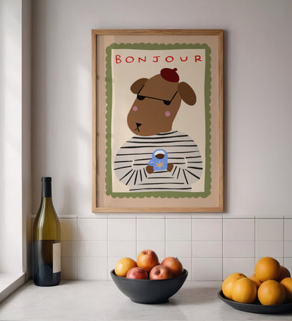 Bonjour Dog | French Coffee Print | UNFRAMED