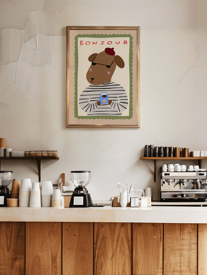 Bonjour Dog | French Coffee Print | UNFRAMED