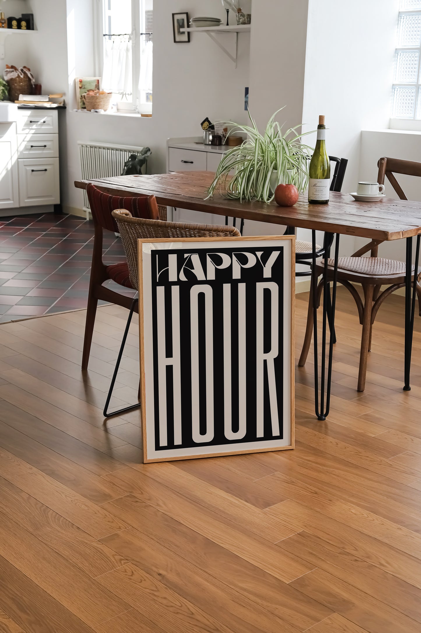 Retro Happy Hour Print | Kitchen Quote Print | UNFRAMED