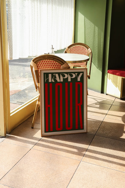 Retro Happy Hour Print | Kitchen Quote Print | UNFRAMED