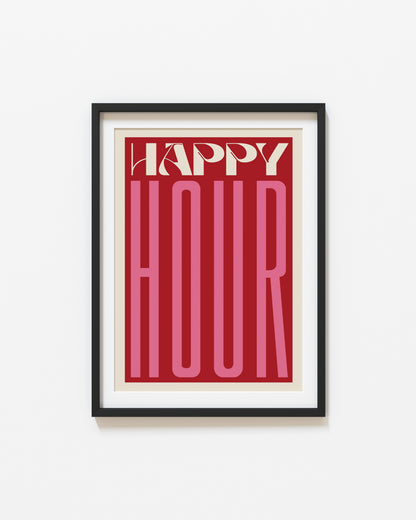 Retro Happy Hour Print | Kitchen Quote Print | UNFRAMED