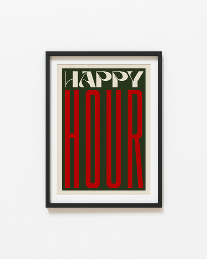 Retro Happy Hour Print | Kitchen Quote Print | UNFRAMED