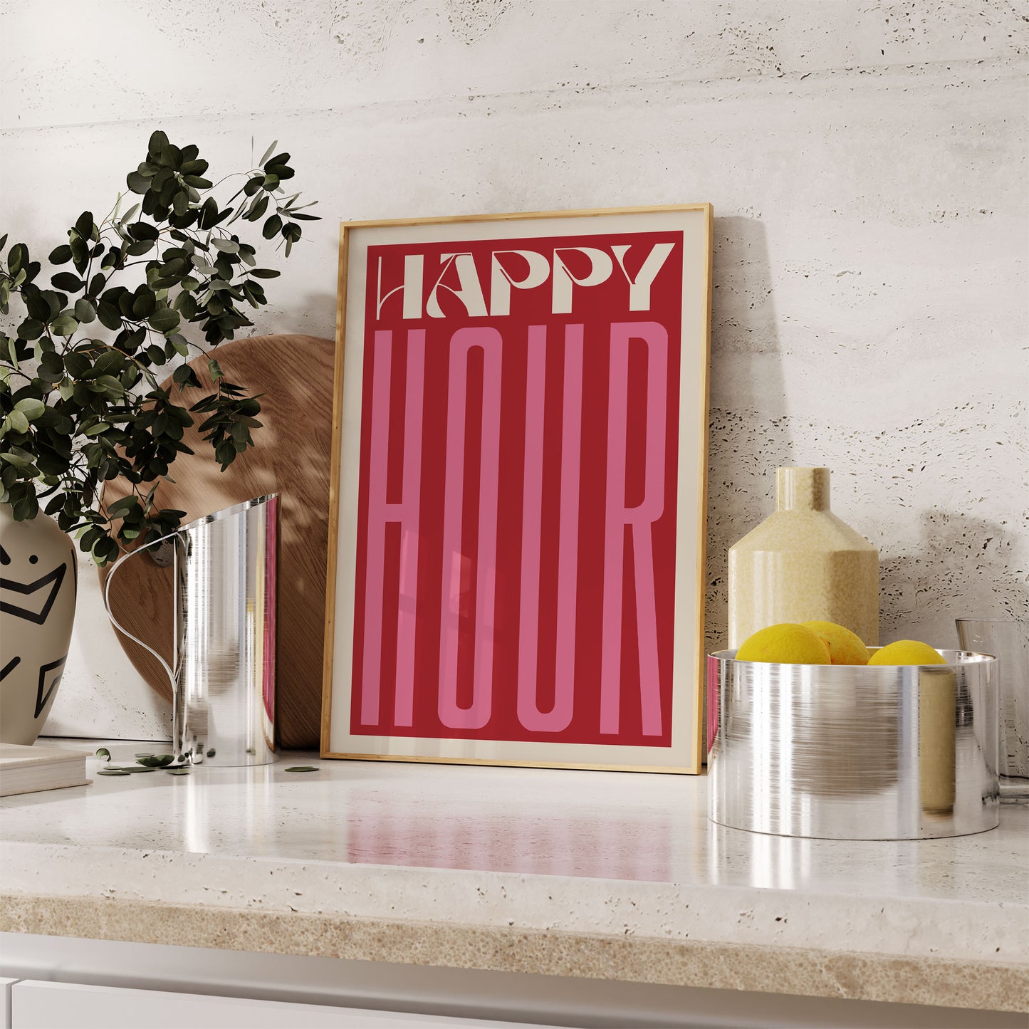 Retro Happy Hour Print | Kitchen Quote Print | UNFRAMED