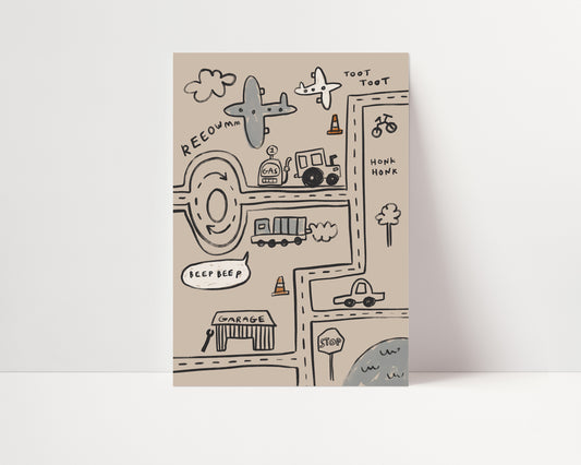 Cars and Planes Traffic | Nursery Transport Print | UNFRAMED