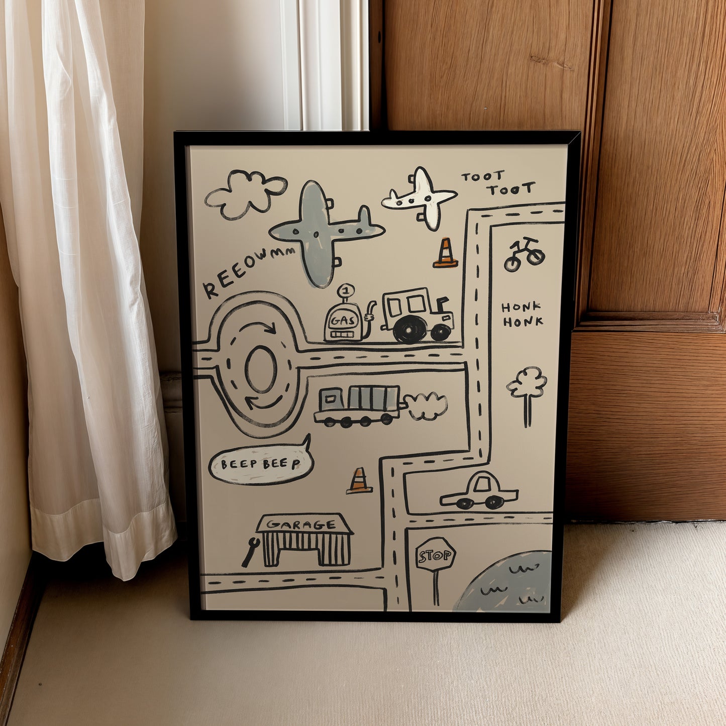 Cars and Planes Traffic | Nursery Transport Print | UNFRAMED