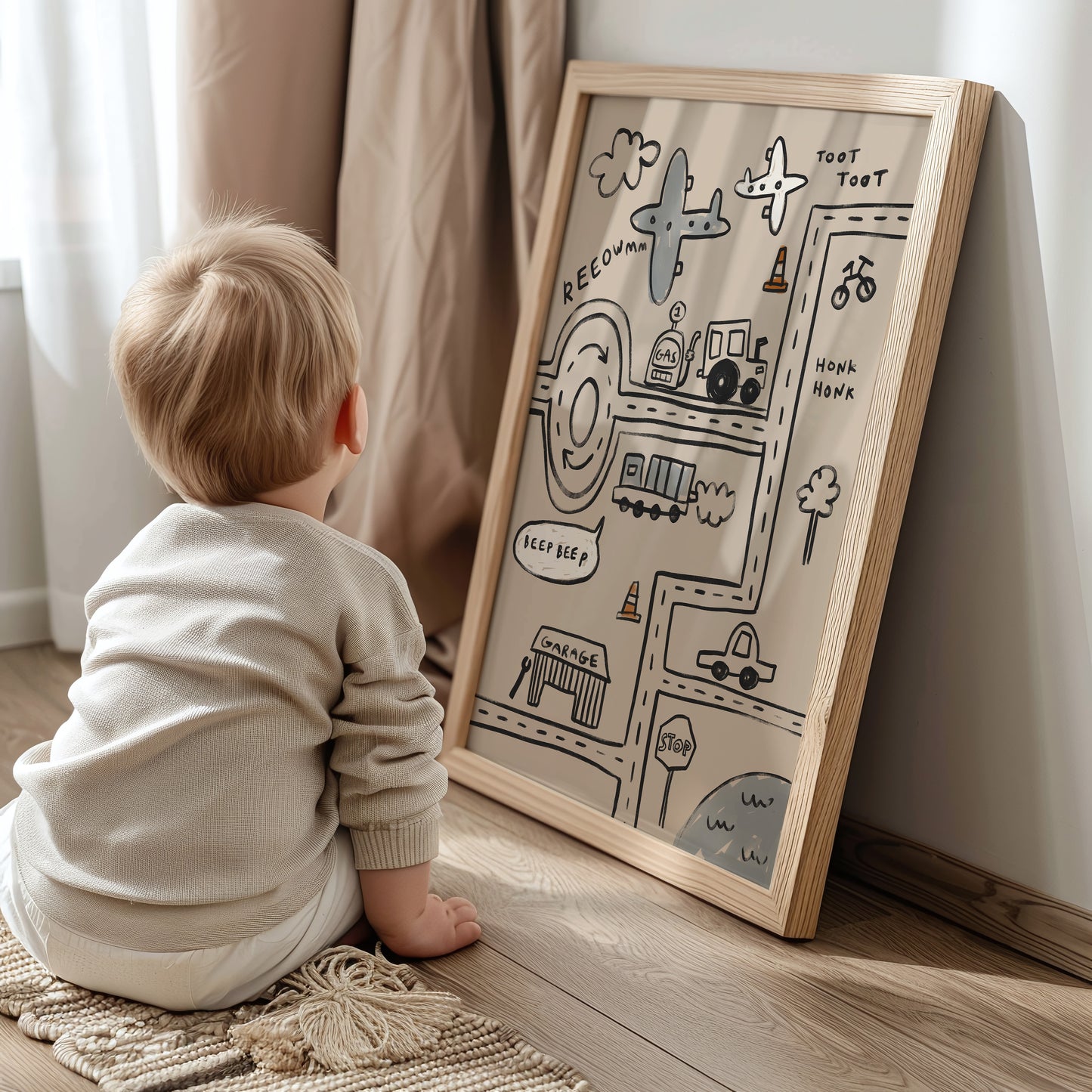 Cars and Planes Traffic | Nursery Transport Print | UNFRAMED