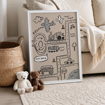 Cars and Planes Traffic | Nursery Transport Print | UNFRAMED