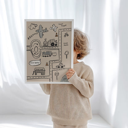 Cars and Planes Traffic | Nursery Transport Print | UNFRAMED