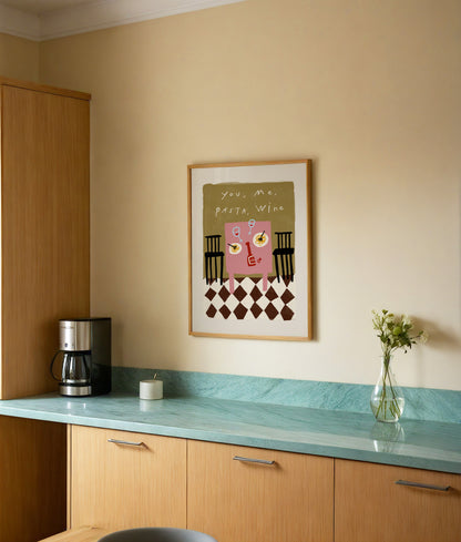 You, Me, Pasta, Wine | Dining Room Print | UNFRAMED