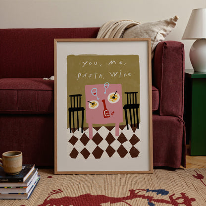 You, Me, Pasta, Wine | Dining Room Print | UNFRAMED
